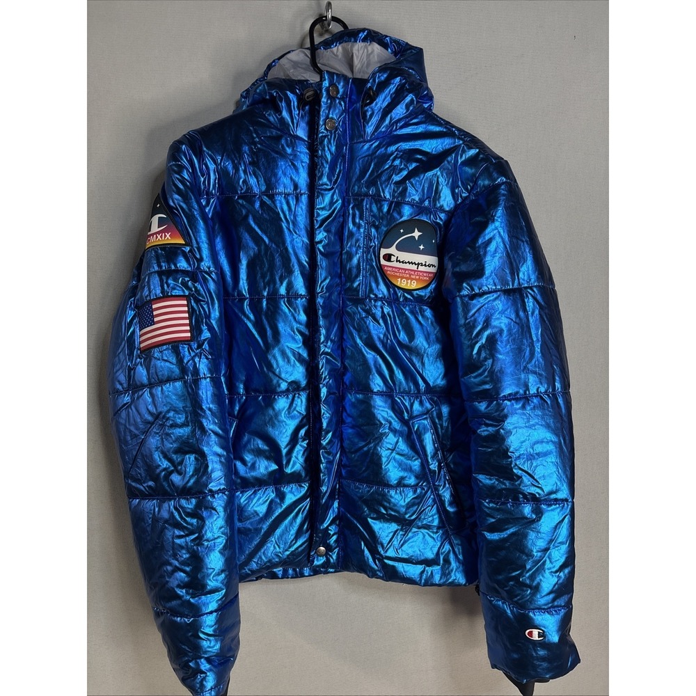 Champion X NASA men sz S Metallic Puffer Jacket Blue Quilted